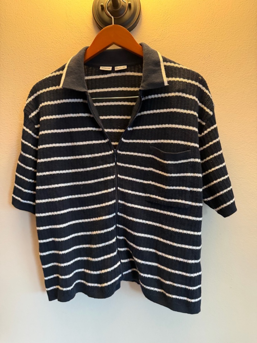 Striped Navy‎ & White Knit Polo Top medium